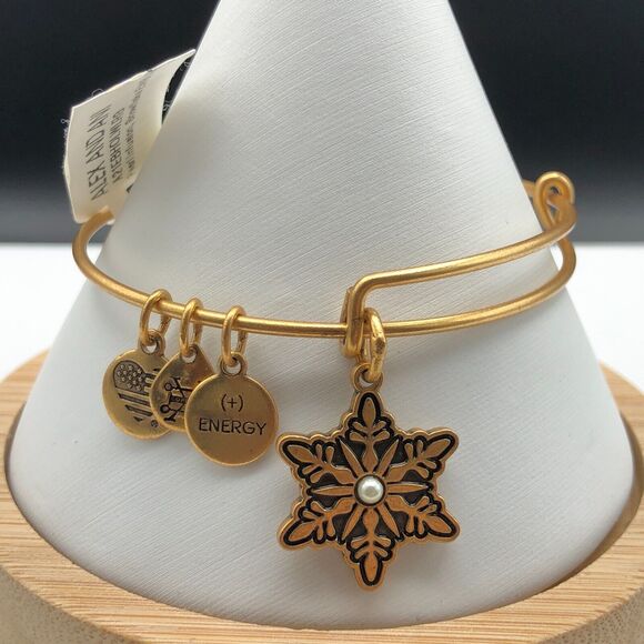 Alex and Ani Bracelet SNOWFLAKE PEARL INFUSION Charm Rafaelian Gold Bangle NWT - Picture 3 of 8